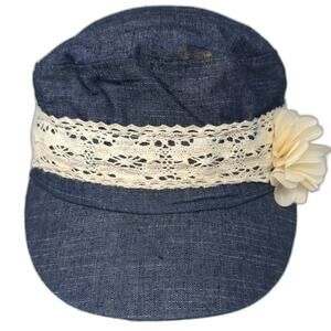 Chic Army Cap Hat Blue Ivory Lace Flower Accent Polyester Fitted One Size OS